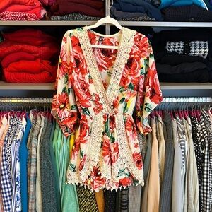 Windsor cream/red floral print embroidered elastic waistband romper size S